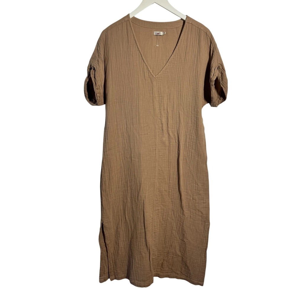 Faherty Brand Organic Cotton Gauze V-Neck Midi Dress Tan Camel M/L Minimal Coast